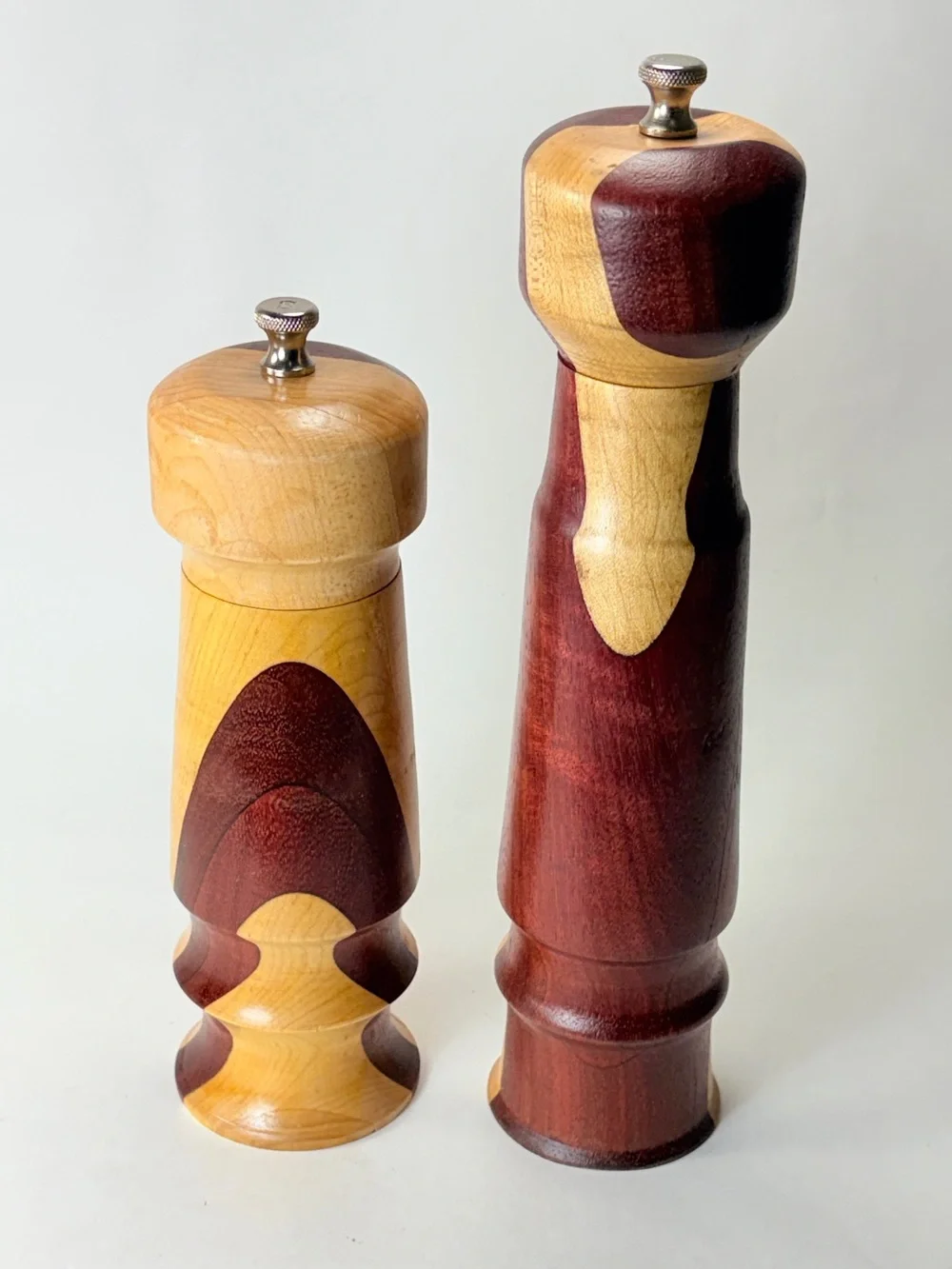 2 Handcrafted Two-Tone Natural & Dark Wood Wooden Salt and Pepper Mills